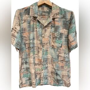 🔥🌴Batch Bay mens M 100% button down shirt in aqua, cream, tan colors. NICE!